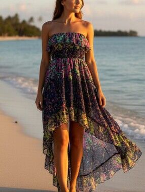 Modmodele Multicolor Abstract Print High Low Strapless Dress with Ruffled Edge M